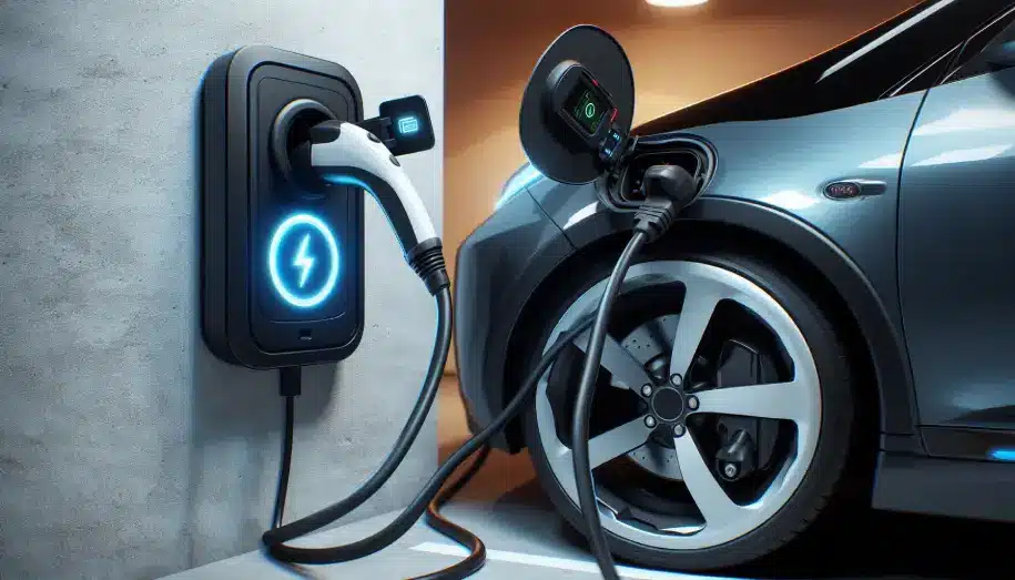 An electric vehicle plugged into a Level 1 EV charger using a standard household outlet.