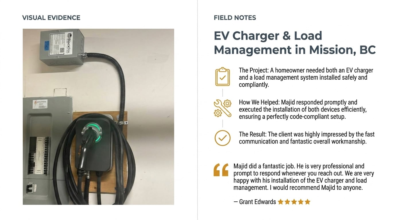 Review: "Majid did a fantastic job. He is very professional and prompt to respond whenever you reach out. We are very happy with his installation of the EV charger and load management. I would recommend Majid to anyone."