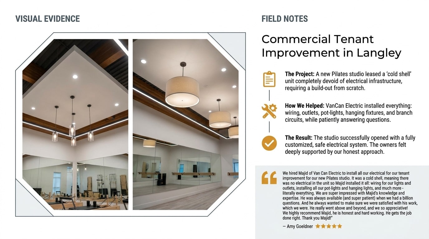 Review: "We hired Majid of Van Can Electric to install all our electrical for our tenant improvement for our new Pilates studio. It was a cold shell, meaning there was no electrical in the unit so Majid installed it all: wiring for our lights and outlets, installing all our pot-lights and hanging lights, and much more - literally everything. We are super impressed with Majid's knowledge and expertise. He was always available (and super patient) when we had a billion questions. And he always wanted to make sure we were satisfied with his work, which we were. He really went above and beyond, and we so appreciative! We highly recommend Majid, he is honest and hard working. He gets the job done right. Thank you Majid!"