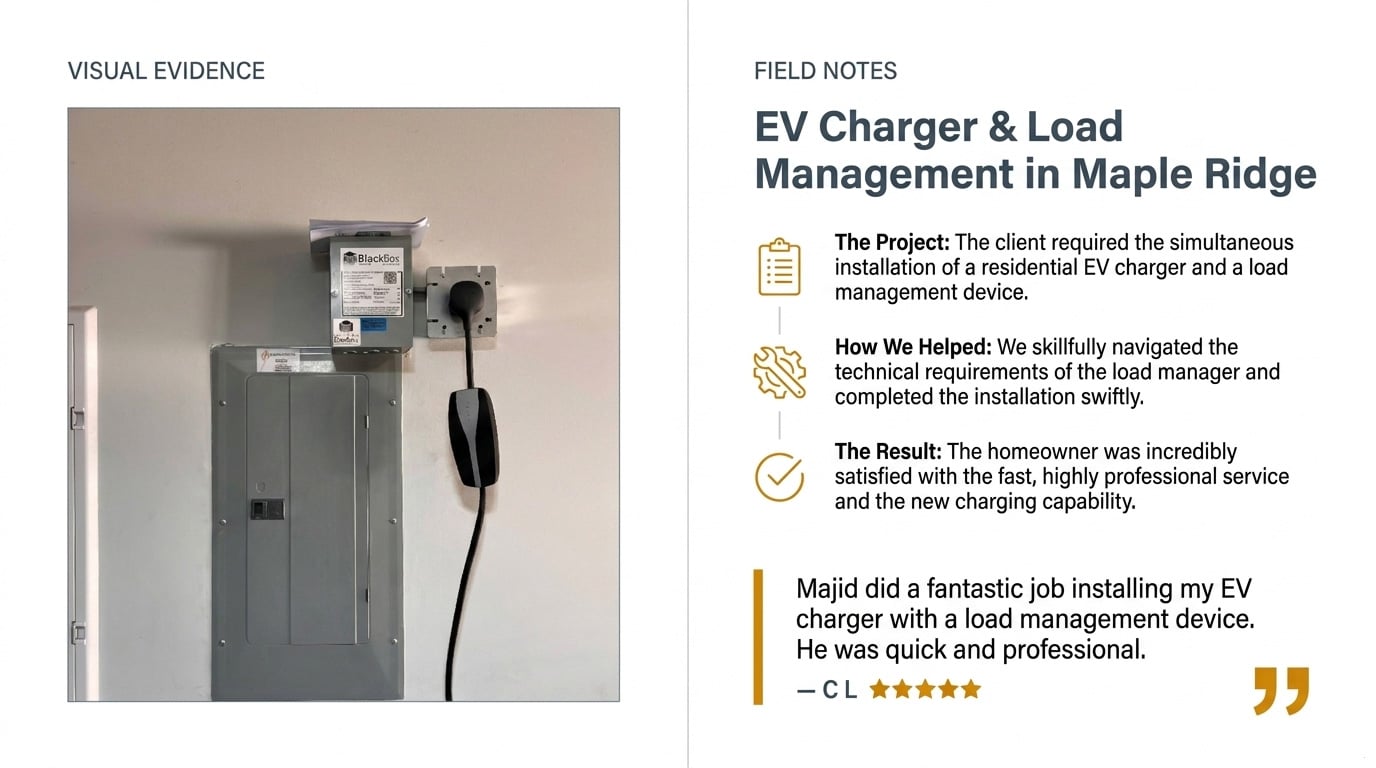 Review: "Majid did a fantastic job installing my EV charger with a load management device. He was quick and professional."
