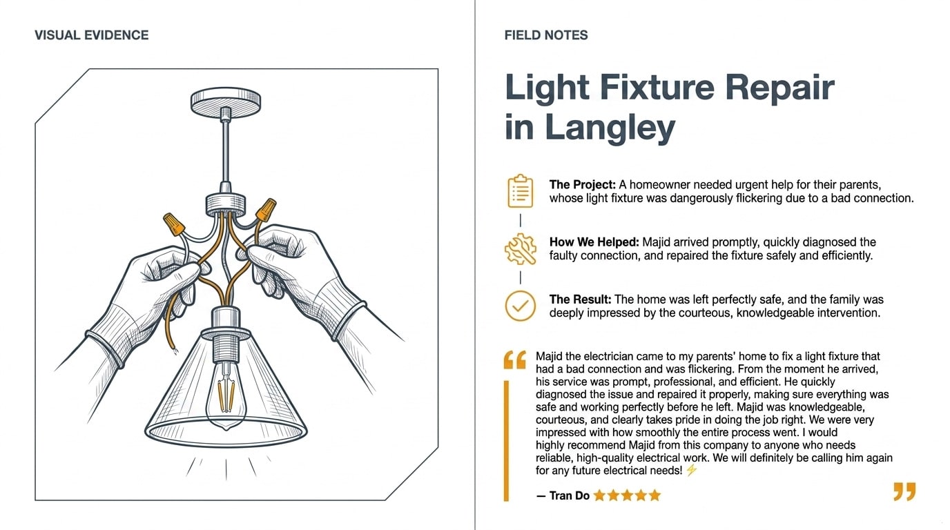Review: "Majid the electrician came to my parents’ home to fix a light fixture that had a bad connection and was flickering. From the moment he arrived, his service was prompt, professional, and efficient. He quickly diagnosed the issue and repaired it properly, making sure everything was safe and working perfectly before he left. Majid was knowledgeable, courteous, and clearly takes pride in doing the job right. We were very impressed with how smoothly the entire process went. I would highly recommend Majid from this company to anyone who needs reliable, high-quality electrical work. We will definitely be calling him again for any future electrical needs! ⚡"