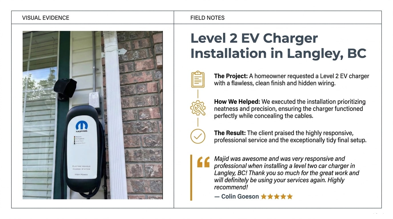Review: "Majid was awesome and was very responsive and professional when installing a level two car charger in Langley, BC! Thank you so much for the great work and will definitely be using your services again. Highly recommend!"