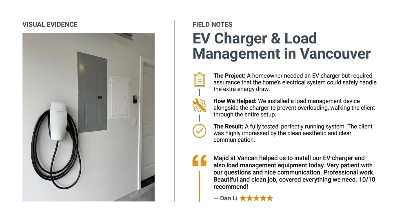 Review: "Majid at Vancan helped us to install our EV charger and also load management equipment today. Very patient with our questions and nice communication. Professional work. Beautiful and clean job, covered everything we need. 10/10 recommend!"
