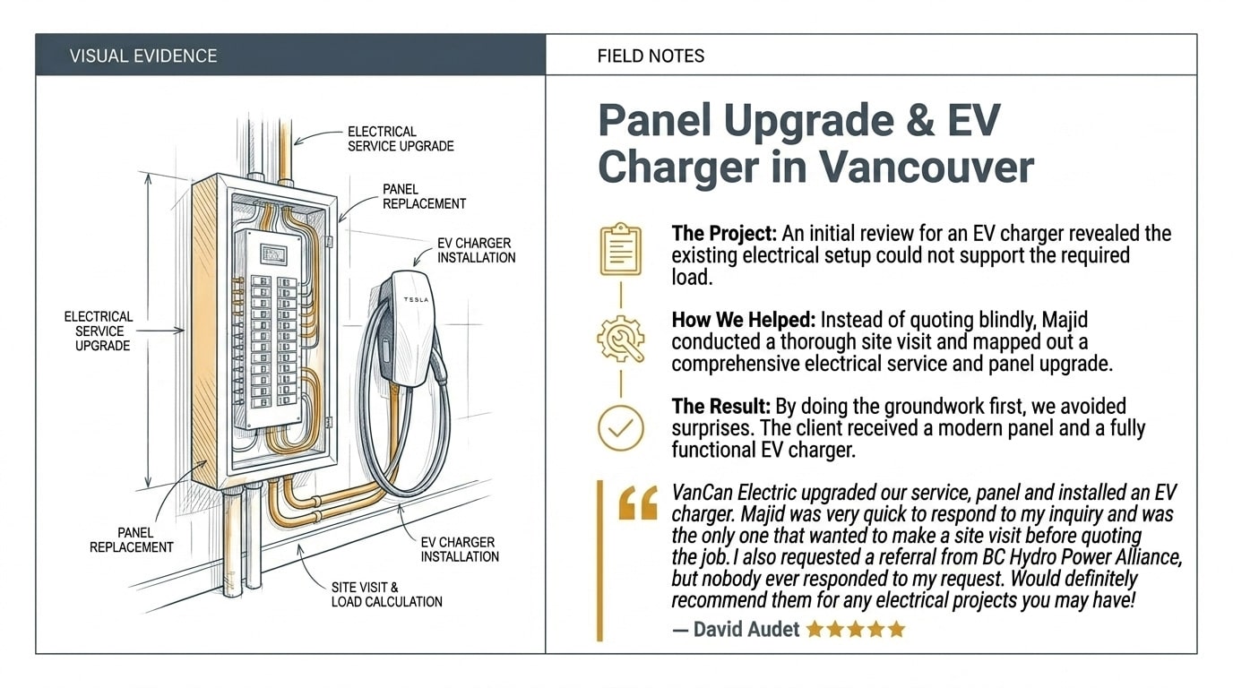 Review: "VanCan Electric upgraded our service, panel and installed an EV charger. Majid was very quick to respond to my inquiry and was the only one that wanted to make a site visit before quoting the job. I also requested a referral from BC Hydro Power Alliance, but nobody ever responded to my request. Would definitely recommend them for any electrical projects you may have!"
