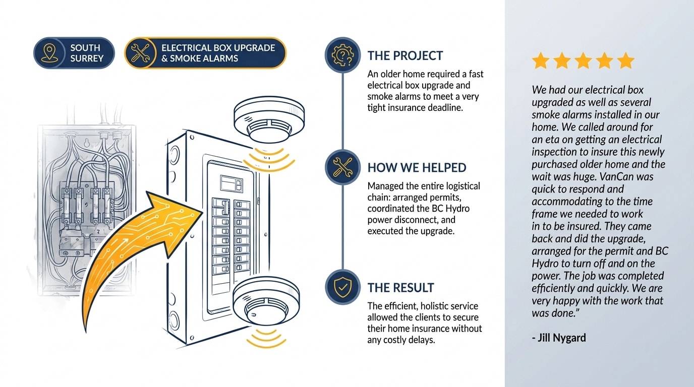 Review: "We had our electrical box upgraded as well as several smoke alarms installed in our home. We called around for an eta on getting an electrical inspection to insure this newly purchased older home and the wait was huge. VanCan was quick to respond and accommodating to the time frame we needed to work in to be insured. They came back and did the upgrade, arranged for the permit and BC Hydro to turn off and on the power. The job was completed efficiently and quickly. We are very happy with the work that was done."