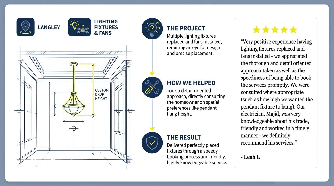 Review: "Very positive experience having lighting fixtures replaced and fans installed - we appreciated the thorough and detail oriented approach taken as well as the speediness of being able to book the services promptly. We were consulted where appropriate (such as how high we wanted the pendant fixture to hang). Our electrician, Majid, was very knowledgeable about his trade, friendly and worked in a timely manner - we definitely recommend his services."