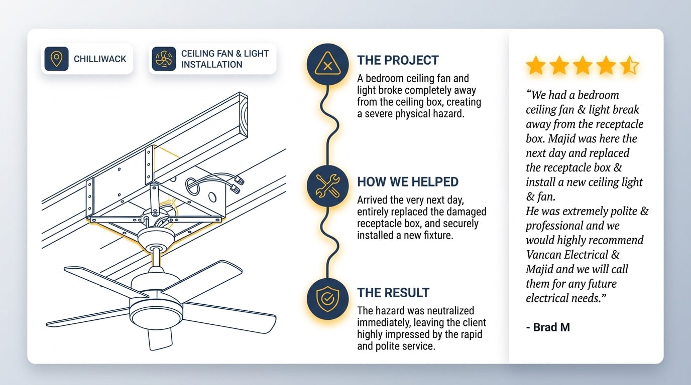 Review: "We had a bedroom ceiling fan & light break away from the receptacle box. Majid was here the next day and replaced the receptacle box & install a new ceiling light & fan. He was extremely polite & professional and we would highly recommend Vancan Electrical & Majid and we will call them for any future electrical needs."