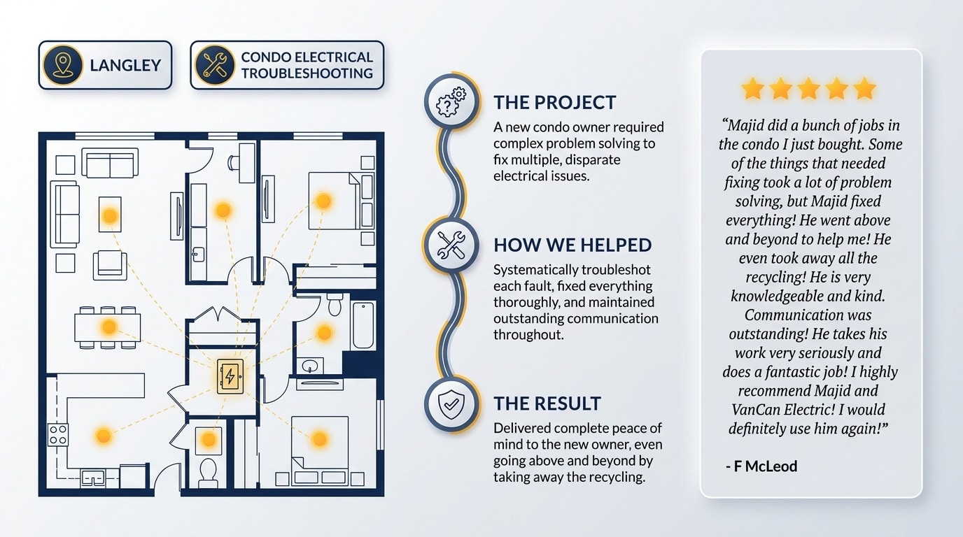 Review: "Majid did a bunch of jobs in the condo I just bought. Some of the things that needed fixing took a lot of problem solving, but Majid fixed everything! He went above and beyond to help me! He even took away all the recycling! He is very knowledgeable and kind. Communication was outstanding! He takes his work very seriously and does a fantastic job! I highly recommend Majid and VanCan Electric! I would definitely use him again!"