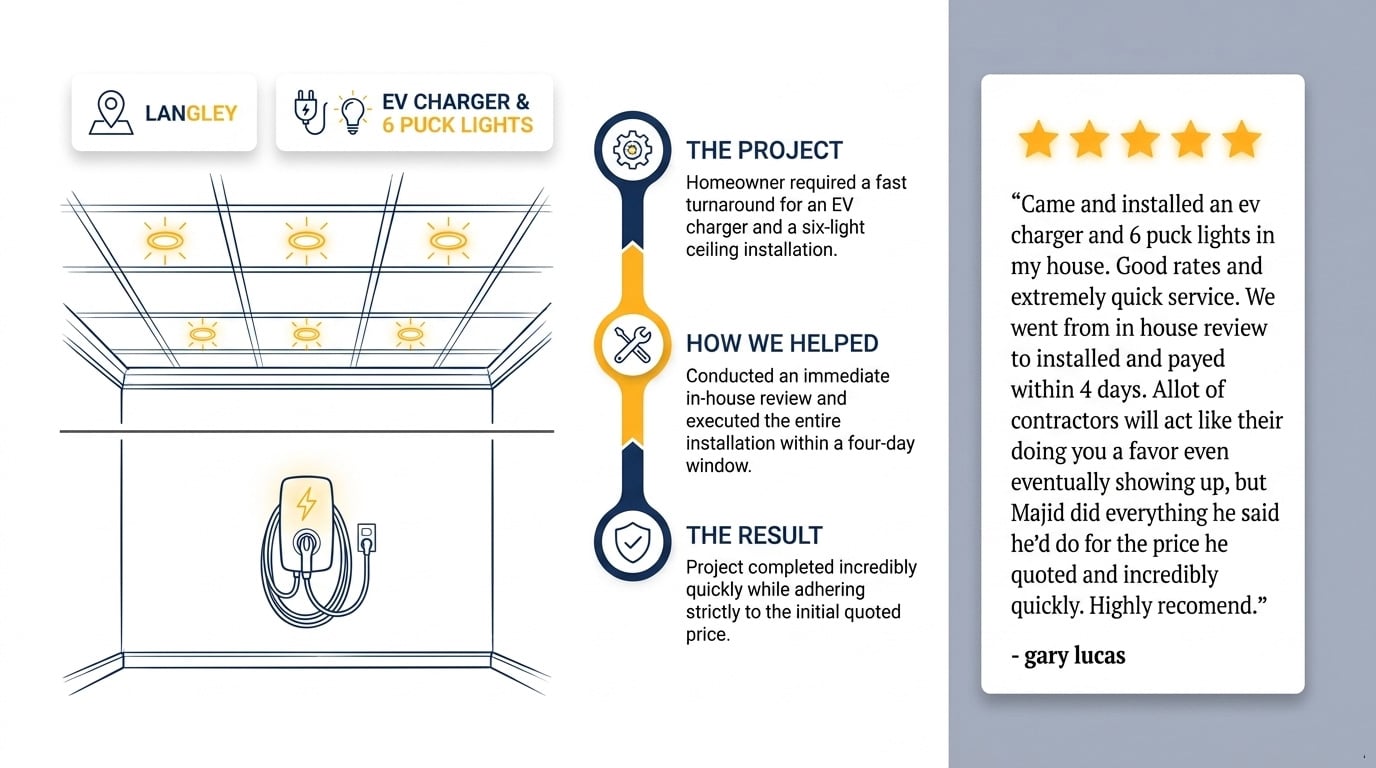Review: "Came and installed an ev charger and 6 puck lights in my house. Good rates and extremely quick service. We went from in house review to installed and payed within 4 days. Allot of contractors will act like their doing you a favor even eventually showing up, but Majid did everything he said he'd do for the price he quoted and incredibly quickly. Highly recomend."