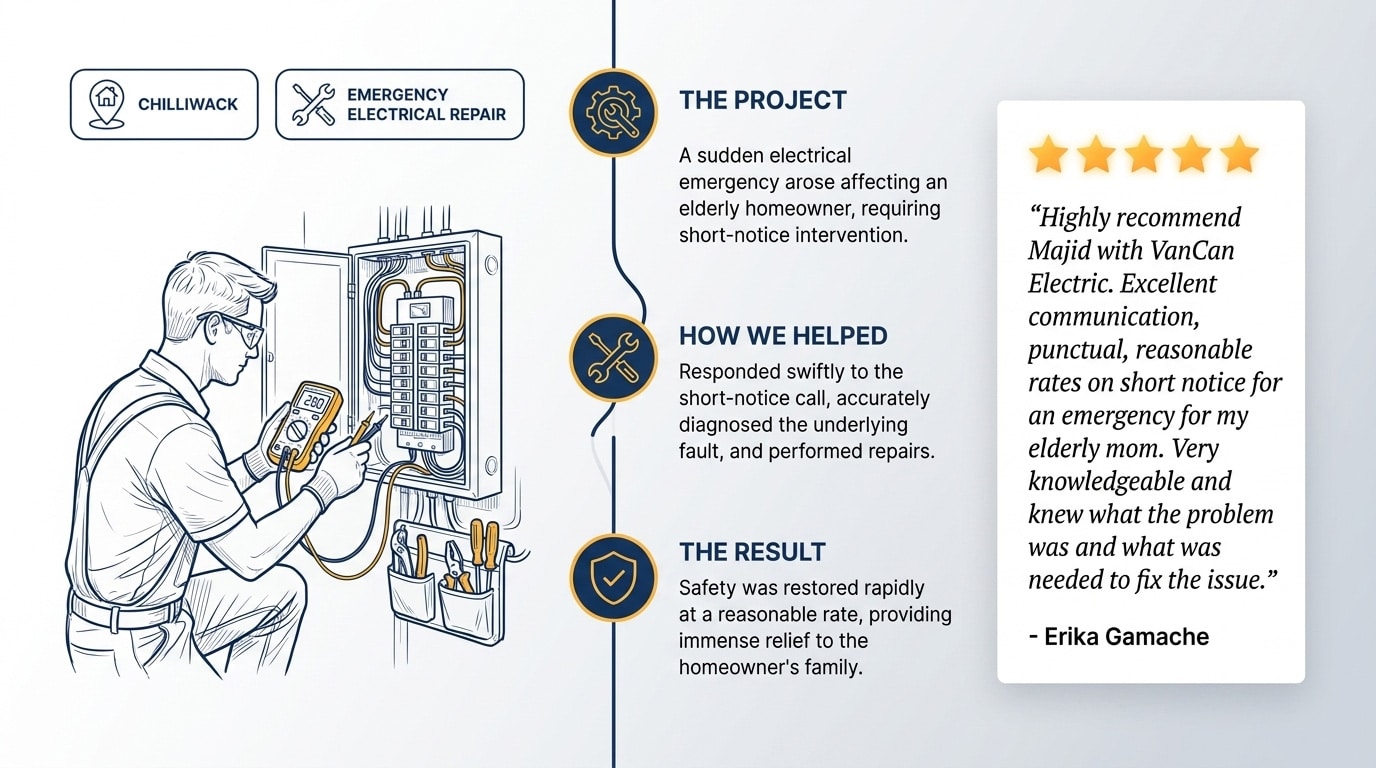 Review: "Highly recommend Majid with VanCan Electric. Excellent communication, punctual, reasonable rates on short notice for an emergency for my elderly mom. Very knowledgeable and new what the problem was and what was needed to fix the issue."