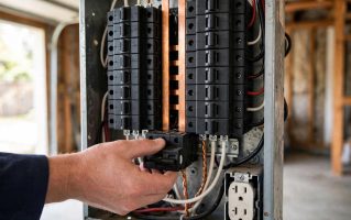 Electrician installing a circuit breaker in a North American electrical panel Electrician installing a black circuit breaker in a North American electrical panel