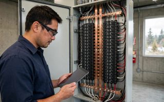 Electrician reviewing a North American electrical panel with a tablet Electrician with a tablet reviewing an open North American electrical panel