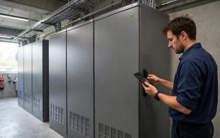 UPS system installation in a North American electrical room Technician installing a UPS system in a commercial electrical room